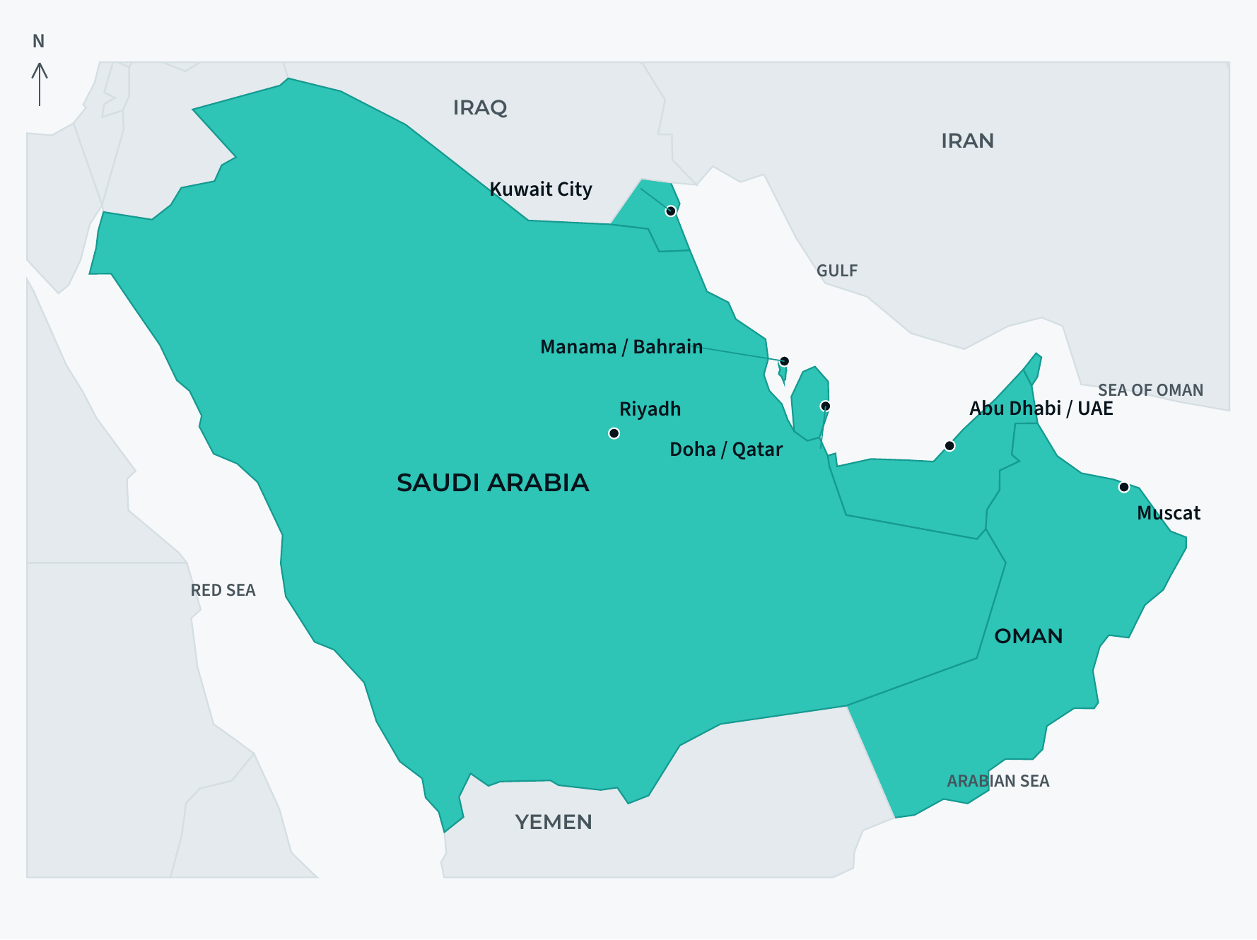 Map highlighting Saudi Arabia, Qatar, the United Arab Emirates, Oman, Bahrain and Kuwait in green